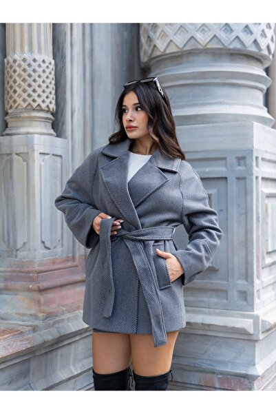 Milamia Diagonal Striped Belted Midi Length Oversized Cashmere Coat