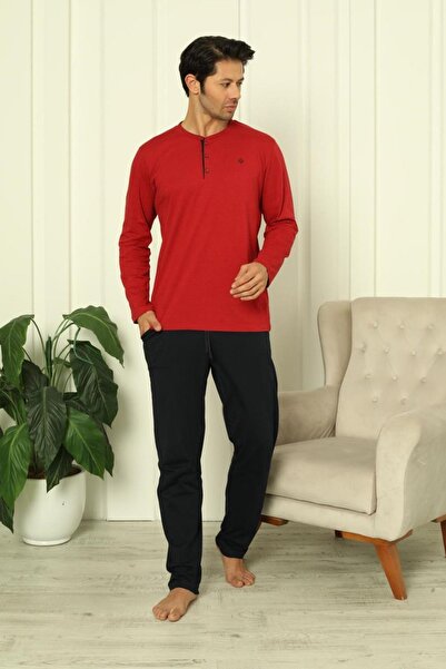 REN bumbac 100% bumbac moale Costum de pijama pentru bărbați cu guler rotund, mâneci lungi, cu buzunare pentru pantaloni