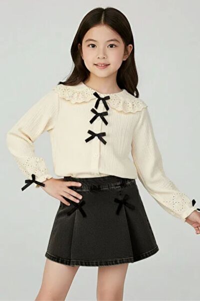 Aura 7 Collection Girl's Peter Pan collar Lace Ecru Denim Shorts Skirted Bott...