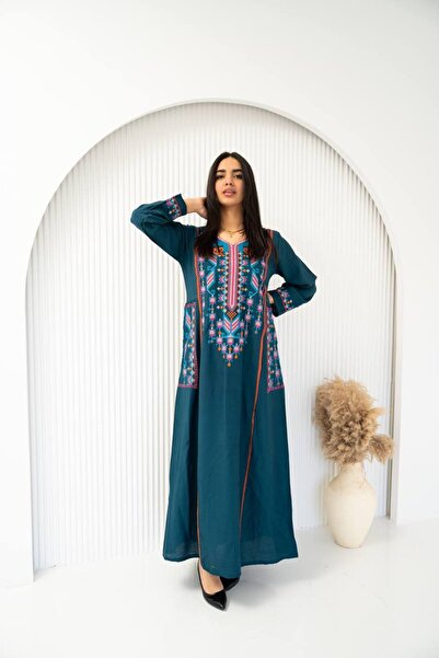 AFandina Linen jalabiya embroidered with luxurious traditional patterns SM-3