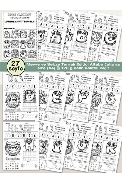 deniz9 Meyve ve Sebze Temalı Eğitici Alfabe Çalışma Sayfaları Seti - Okul Önc...