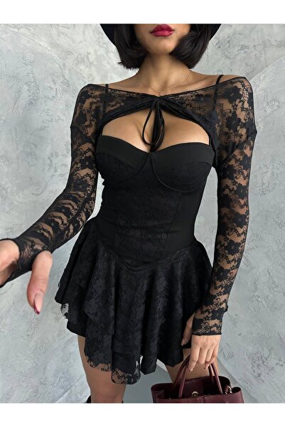 Melissa Pink Kadın Siyah Korseli Dantel Bolerolu Mini Elbise Volanlı Etek Askılı Nikah ve Davet Elbisesi