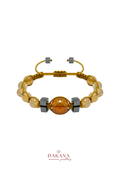 DAKANA JEWELLERY Sertifikalı 10–6 mm Sitrin ve Hematit Taşı Makrome Doğal Taş...