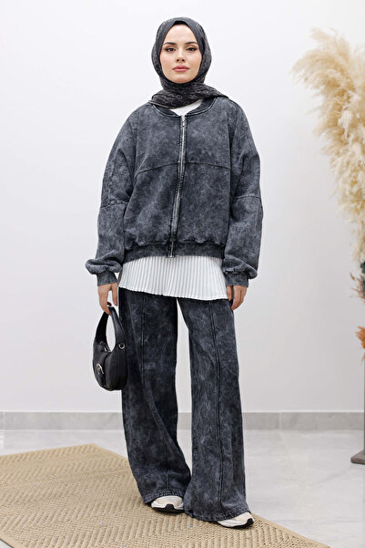 Tesettür Dünyası Washable Fleece-Lined Tracksuit Suit Tsd250260 Smoked