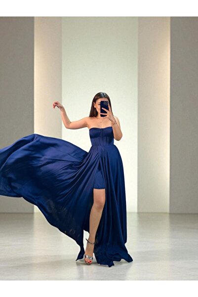 OLA Zaris Korse Ve Yırtmaç Detaylı Lacivert Abiye Elbise