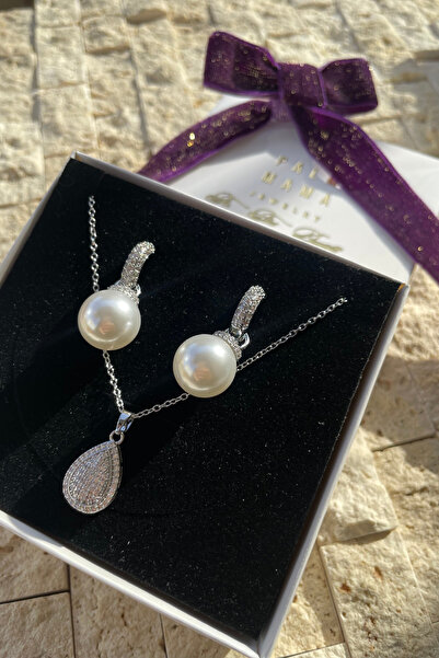 PALM MAMA JEWELRY Klasik Zarif Şık 2'Li İnci Küpe Damla Gümüş Zirkon Taşlı Çe...