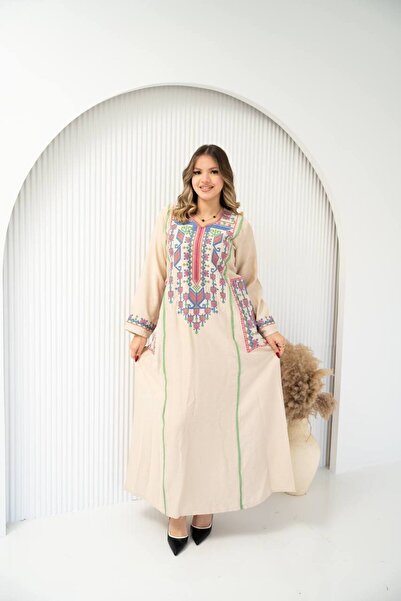 AFandina Linen jalabiya embroidered with luxurious traditional patterns SM-3