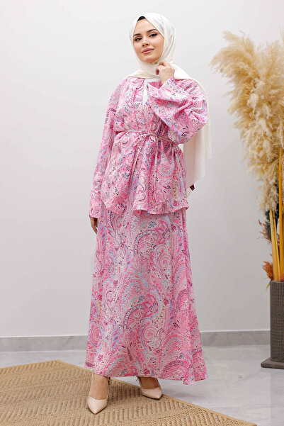 Tesettür Dünyası Patterned Rope Tie Skirt Suit Tsd250259 Pink