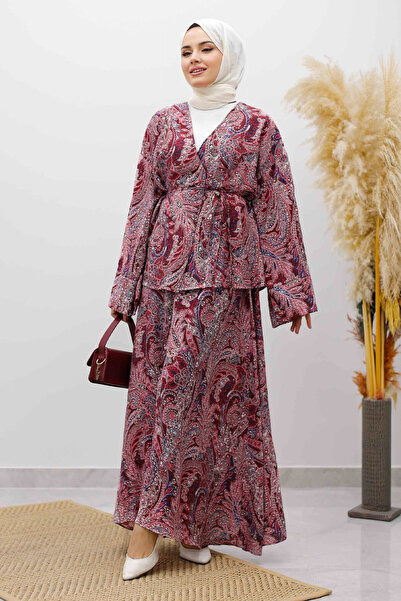 Tesettür Dünyası Patterned Rope Tie Skirt Suit Tsd250259 Claret Red