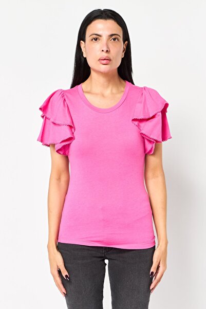 GAP Women Crew Neck Solid Flutter Sleeve Top, Pink