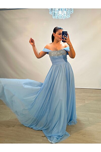 OLA Glorya Bust Embroidered with Stones Chiffon Fabric Y Slit Blue Evening Dress