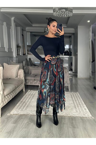 Mzr Collection KADIN ASİMETRİK KESİM LASTİKLİ MAVİ ŞIFON ETEK