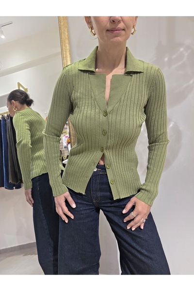 Butik Kadın, Uzun Kollu, Gömlek Yaka, Fitilli, Düğmeli Triko Hırka