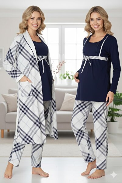 LOHOUSE Kadın Ekose Desenli Lohusa Hamile 3'Lü Pijama Takımı Seti