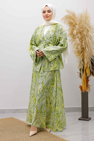 Tesettür Dünyası Patterned Rope Tie Skirt Suit Tsd250259 Green