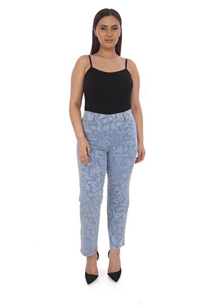 EXİTLİNE Kadın Yazlık Buz Mavi Flok Mavi Çiçek Baskılı Pantolon