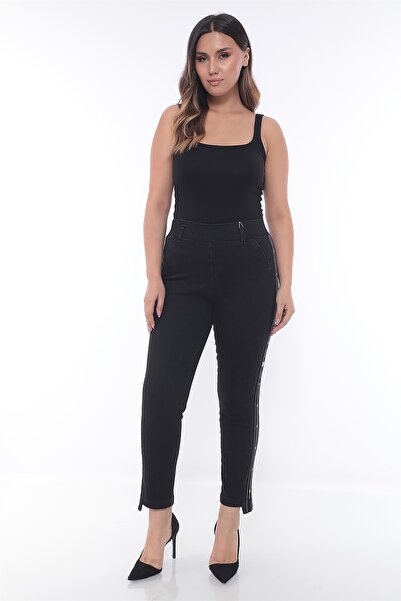 EXİTLİNE Kadın Siyah Kadın Beli Lastikli Yanları Şeritli Denim Pantolon