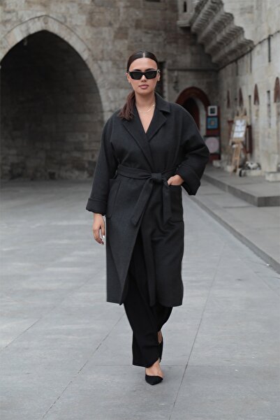 EXİTLİNE Women's Black Winter Belted Long Cashmere Coat