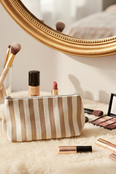 monangel Women's Zippered Canvas Striped Makeup Bag with Knitted Detail