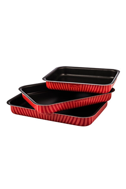 Newflon طقم صواني فرن مستطيلة نيوفلون🔴 3 قطع | مقاسات 31×24 – 36×28 – 42×30 سم | طلاء مانع للالتصاق 🍖🔥