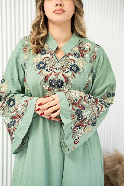 AFandina جلابية كتان مميزة بتفاصيل مطرزة فخمة SM - 5