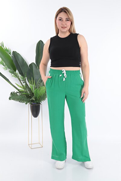 EXİTLİNE Ženske zelene letnje lanene pantalone sa elastičnim strukom i vezica...