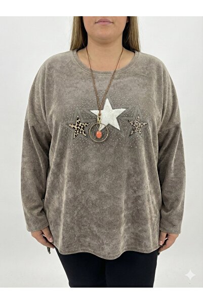 della moor Women's Mink Italian Plus Size Star Pattern Velvet Blouse with Stone Necklace Size 46 - 54