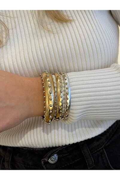 gingillo aksesuar Marka Model Çift Renk Eskitme Görünüm Zımbalı Üçlü Bilezik