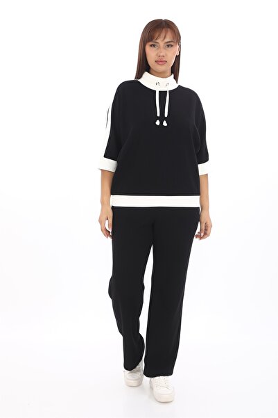 EXİTLİNE Kadın Siyah Sezonluk Garnili Bağcıklı Beli Lastikli 2'Li Eşofman Takımı