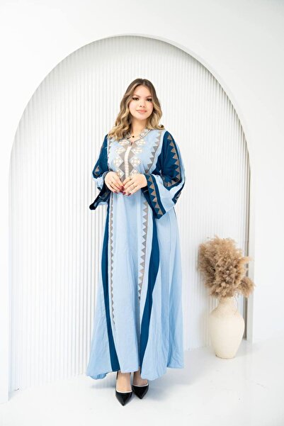 AFandina جلابية كتان فاخرة بقصة مريحة وتطريز مميز SM - 4