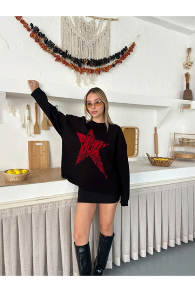 Rokeby Kadın YILDIZ Oversize Sweatshirt - Yumuşak Dokulu Siyah Bisiklet Yaka