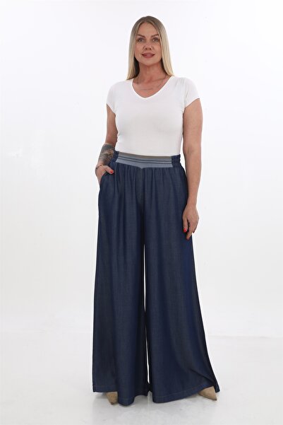 EXİTLİNE Kadın Lacivert Yazlık Beli Lastik Kemerli Geniş Paça Pantolon
