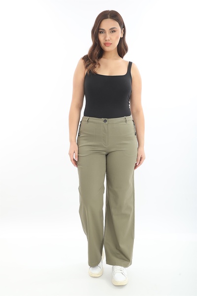 EXİTLİNE Kadın Haki Yazlık Cepleri Fermuarlı Boru Paça Pantolon