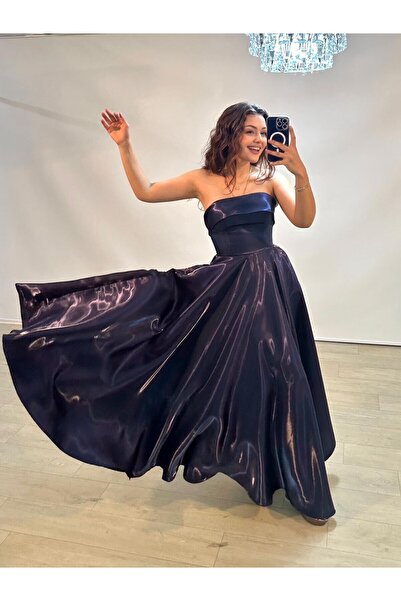 OLA Stella Hologram Satin Strapless Navy Blue Color Evening Dress