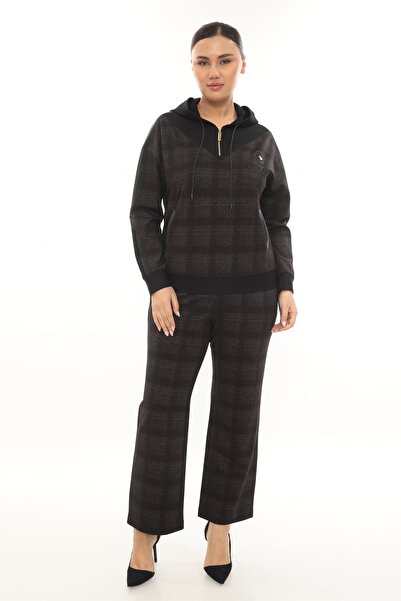 EXİTLİNE Women's Brown Winter Accessory Stone Printed Leather Paneled Plaid Tracksuit Set