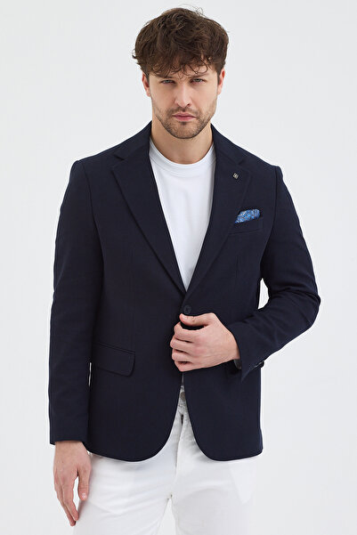 Frappoli Yunix Men's Dark Navy Blue Polyviscose Fabric Slim Fit Self-Wiping Mono Collar Sports Blazer Jacket