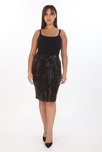 EXİTLİNE Kadın Kahve Kışlık Varak Baskılı Kalem Etek