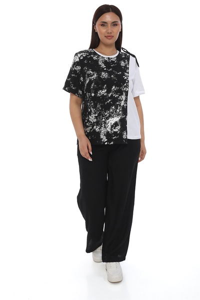 EXİTLİNE Kadın Siyah Yazlık Beli Lastikli Aksesuarlı Baskılı Boru Paçalı 2'Li...