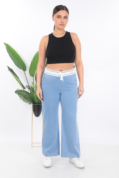 EXİTLİNE Women's Blue Summer Elastic Waist Straight Pants