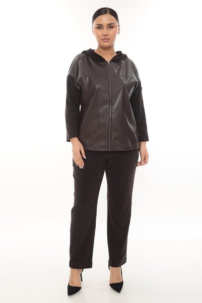 EXİTLİNE Women's Brown Winter Zippered Faux Leather Paneled Elastic Waist Vel...