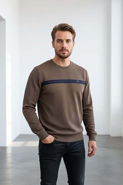 Piyera Men's Mare Jaker Crew Neck Khaki Sweatshirt with Chest Stripe