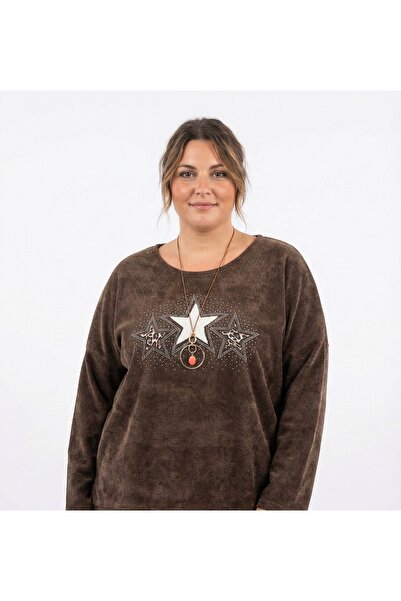 della moor Women's Brown Italian Plus Size Star Pattern Velvet Blouse with Stone Necklace Size 46 - 54