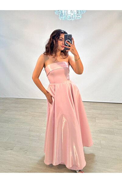OLA Stella Hologram Saten Straplez Soft Pembe Renk Abiye Elbise