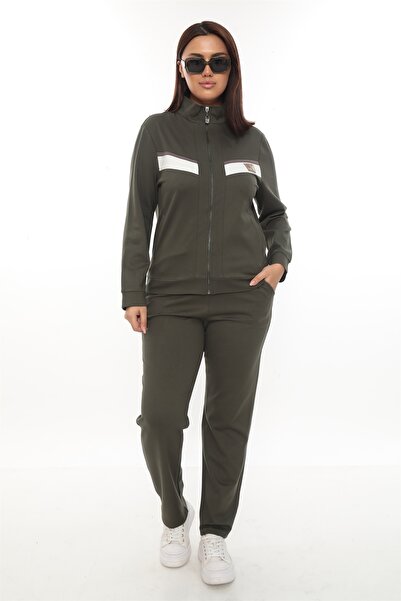 EXİTLİNE Kadın Haki Sezonluk Özel Aksesuarlı Fermuarlı Garnili Eşofman Takımı