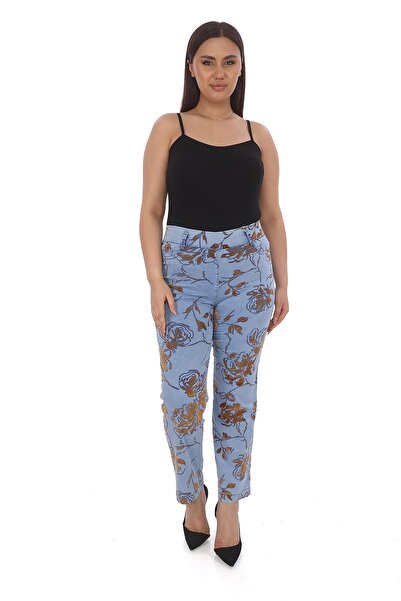 EXİTLİNE Kadın Mavi-Vizon Yazlık Baskılı Floklu Kemeri Lastikli Pantolon