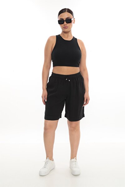 EXİTLİNE Kadın Siyah Yazlık Beli Lastikli İpli Bermuda Şort