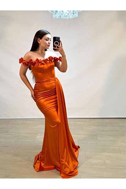 OLA Daisy Çiçek Detaylı Saten Korseli Turuncu Renk Balık Model Abiye Elbise