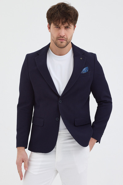 Frappoli Pofuc Men's Navy Blue Dobby Polyviscose Fabric Slimfit Self-Tie Mono Collar Sports Blazer Jacket