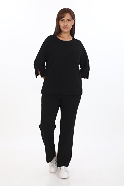 EXİTLİNE Kadın Siyah Sezonluk Beli Lastikli Cepli Boru Paçalı 2'Li Takım