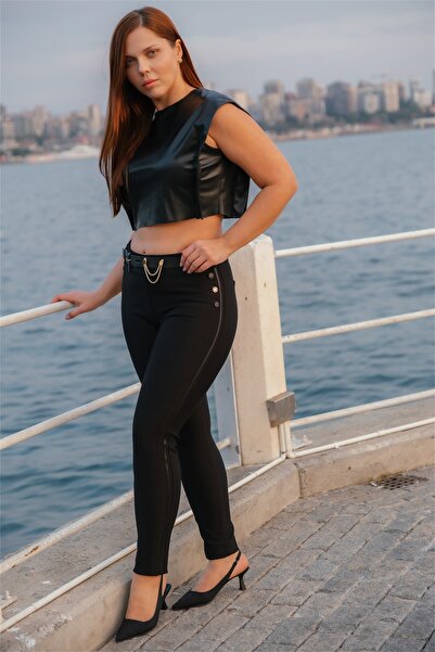 EXİTLİNE Kadın Siyah Kışlık Yanı Şeritli Düğmeli Kemerli Aksesuarlı Pantolon